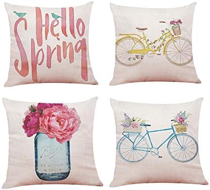 4-Pack Hello Spring Easter Throw Pillow Cover Vintage Bicycle Flower Cushion Case 18 x 18 Inch for Home Sofa Decorative