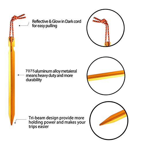 OBKJJ Tent Stakes,7075Aluminium Tent Nail Lightweight with Reflective Rope 12-Piece (Gold)