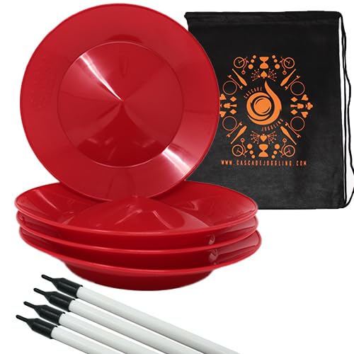 Cascade Juggling Set of 4 Spinning Plates and Sticks - Flexi Kid's Plate Spinning Set - Includes Cascade Carry Bag (Red)