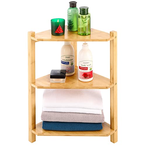 HYNAWIN Bamboo Corner Shelf Organizer, 3Tier Small Storage Rack Stand for Bathroom, Living Room
