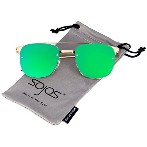 SojoS Vision Fashion Metal Frame Flat Lens Sunglasses UV400 Sun Glasses SJ1043 With Gold Frame/Green Lens