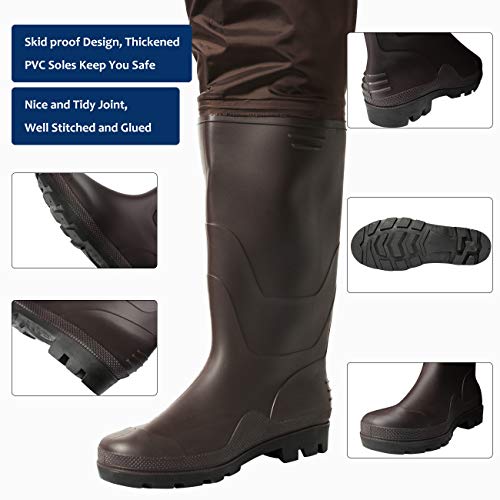 DOMICARE Chest Waders Waterproof Fishing Waders Breathable Hunting Waders 2-Ply Nylon/PVC Material Waders with Boot for Men and Women Brown Size 10
