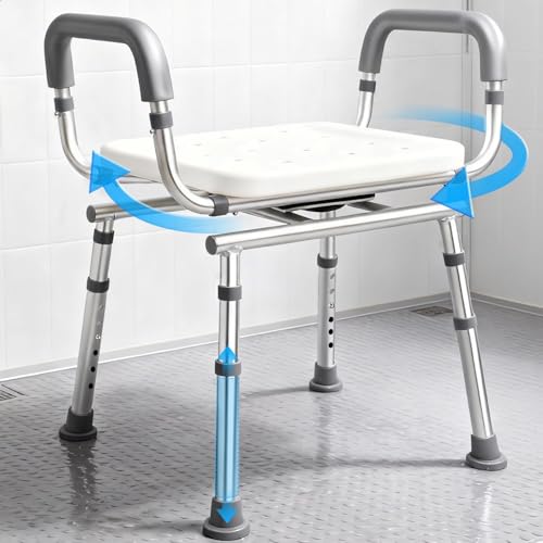 Swivel Shower Chair with Armrest and Backrest - Adjustable Height and Heavy Duty (250kg) - Safe Bath and Shower Stool for Elderly and Disabled People - For
