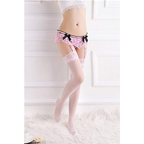 Mismxc Sexy Womens Lace Garter Belt with Stockings Lingerie (Pink 1)