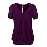 Simier Fariry Women's Pleated Front V/O Neck Mesh Blouse Tunic Tops