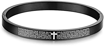 Mintik Religious Cross Bangle Stainless Steel Men Women Spanish Bible Lord's Prayer Cross Cuff Bracelet