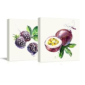 2 Panel Square Canvas Wall Art - BlackBerry and Passion Fruit Watercolor | Fruits Art and Illustrations - Giclee Print Gallery Wrap Modern Home Art Ready to Hang - 12"x12" x 2 Panels