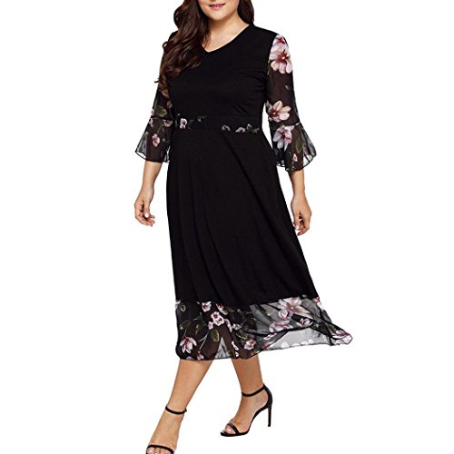 Women's Vintage Prom 3/4 Sleeve Chiffon Floral Print V Neck Cocktail Party Plus Size Swing Dress (Black, XL) - Thumbnail 2