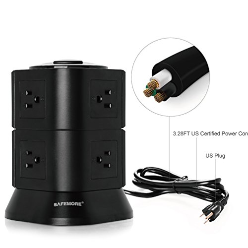 Power Strip Surge Protector 8 Multi Outlets with Overload Protection 3 Prong Plug Multiple Vertical Tower Charging Station with Copper Extension Cord for Home& Office & Workshop-Safemore-Black - Thumbnail 4
