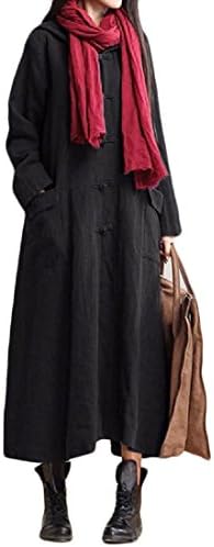 Colourful Women's Linen Oversized Hood Pure Color Pockets Maxi Beach Dress Black M
