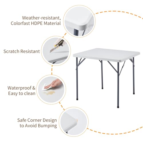 MOMENT Square Plastic Folding Table 88×88×75cm, Portable Foldable Lightweight Table HDPE Desktop with Steel Legs for Indoor Outdoor Camping Garden Picnic BBQ Party (White)