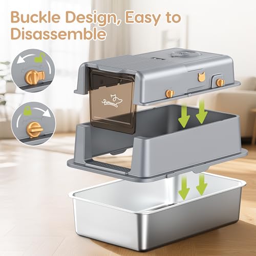 Stainless Steel Cat Litter Tray, XXL Litter Box with 105° Flip Lid, Detachable Metal Large Pet Toilet with Fresh Air Deodorization System, High Sided Litter Tray with Deodorizing Block, Mat and Scoop
