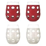 Lifefactory 11-Ounce BPA-Free Indoor/Outdoor Wine Glass with Protective Silicone Sleeve, Revelry Red/Winter White, Set of 4