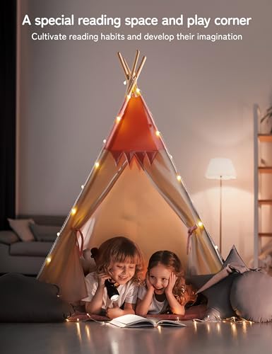besrey Children's Play Tent Indian Canvas Teepee Cotton with Padded Mat and Fairy Lights (Pink and White)