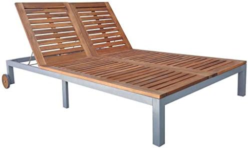 BestHomeFuniture Outdoor Patio Pool Side Acacia Wood Double Reclining Chaise Sun Lounger, Brown