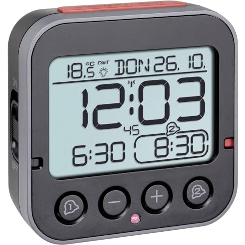 TFA Dostmann Bingo 2.0 digitaler Funk-Wecker mit Temperaturanzeige, Kunststoff, schwarz, (L) 95 x (B) 41 x (H) 96 mm