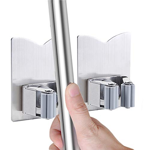 Mop Broom Holder Racks 304 Stainless Steel 3M Self Adhesive Heavy Duty Wall Mounted Mop Organizer Storage Clip Multi-Used for Garage Kitchen and Bathroom (2 Pack)