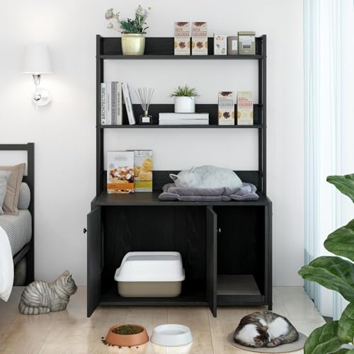GAOMON Cat Litter Box Enclosure, with 2 Storage Shelves, Hidden Cat Furniture w…
