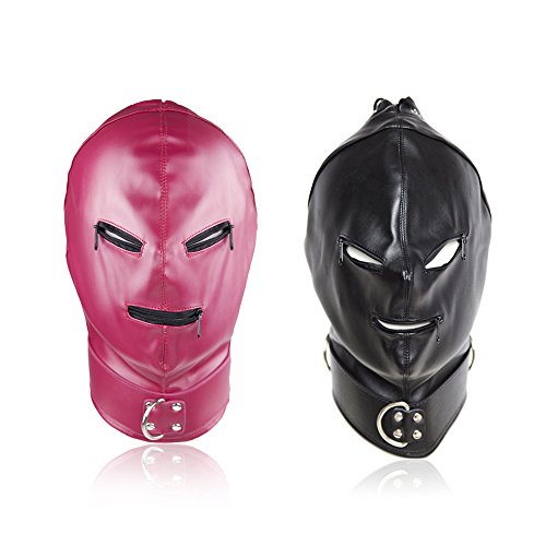 2x Leather Bondage Hood - Pink & Black - Zipper Blindfold Eyes & Mouth, Posture Collar & O-Rings, Lace-Up