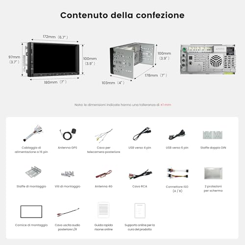 ATOTOZONE S8 Gen4 7 pollici Android Autoradio 2DIN 4G LTE Integrato | CarPlay Wireless e Android Auto, Octa-Core 4G+64G, QLED Schermo Touch, Navigatore GPS, DSP, Tethering via WiFi/BT/USB, FM/RDS