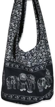 Hippie Elephant Sling Crossbody Bag Purse Thai Top Zip Handmade New Color Black