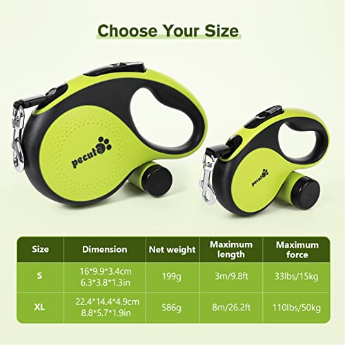 Pecute Retractable Dog Leash with Poo Bag Holder, 8m/26.2ft Dog Leash with 360° Tangle-Free Extended Leash, Anti-Slip Handle and Quick Brake Button, Suitable for Dogs Up to 110lbs/50kg in Weight