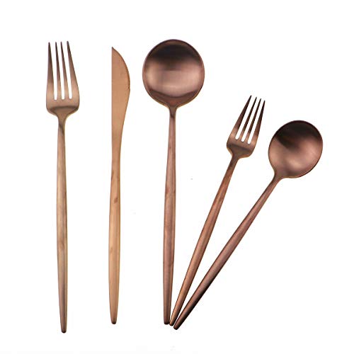 Matte Rose Gold Silverware Set,Gugrida 5-Piece 18/10 Stainless Steel Satin Finish Flatware Set,Kitchen Utensil Set,Tableware Travel Cutlery Set for Camping Office or School Lunch, Dishwasher Safe - Thumbnail 6