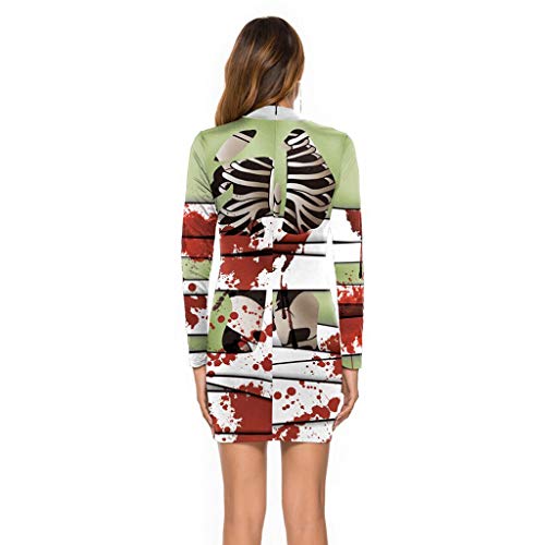 charmsamx Women's Halloween Dress Skeleton Blood Printed Sexy Bodycon Tight Mini Dresses Long Sleeve 3D Print Skull Dress Costume for Halloween Party - Thumbnail 3