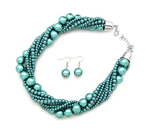 Fashion 21 Women's Twisted Multi-Strand Simulated Pearl, Acrylic Ball Statement Necklace and Earrings Set (Teal)