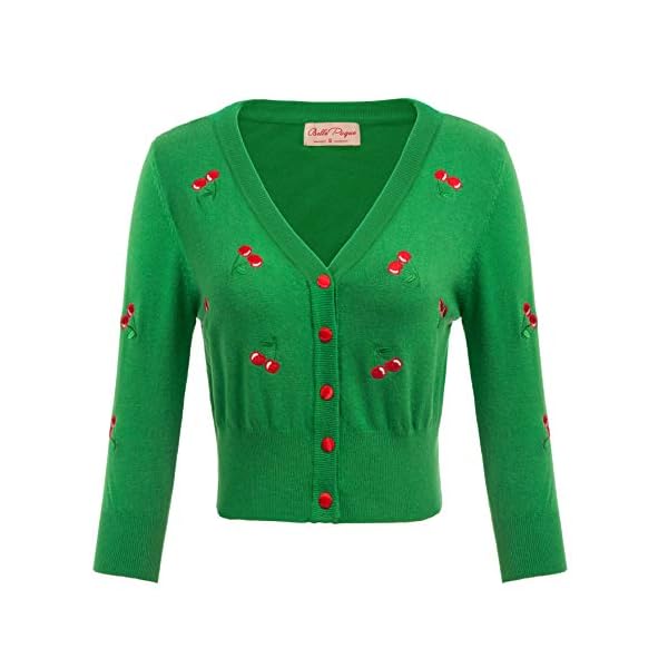 Belle Poque Women's 3/4 Sleeve V-Neck Button Down Cherries Embroidery Cropped Cardigan Sweater Coat