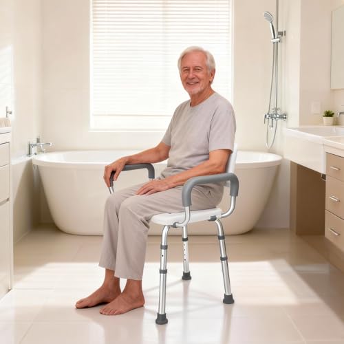 Shower Chair for Elderly and Disabled with Removable Armrests - Height Adjustable, Sturdy Non-Slip Bathroom Stool Supports up to 350 lbs for Shower and Tub