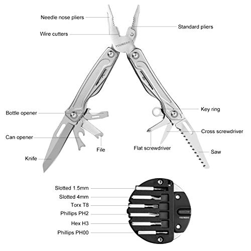 YOUNGDO Multitool, 18 in 1 Pocket Multi-Plier with Screwdriver Bit Set, Stainless Steel with Nylon Sheath, Tools for Men