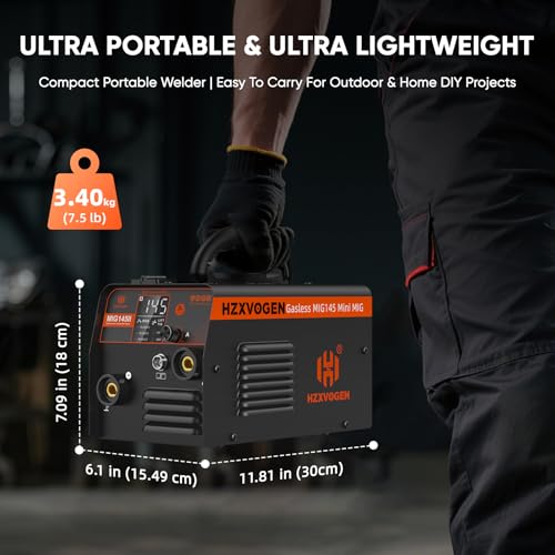 H HZXVOGEN 145A MIG Welder, 240V Gasless MIG Welder Welding Machine, 3-in-1 Flux Core MIG/ARC/Lift TIG, Synergic Control, IGBT Inverter, LED Display, MIG145II