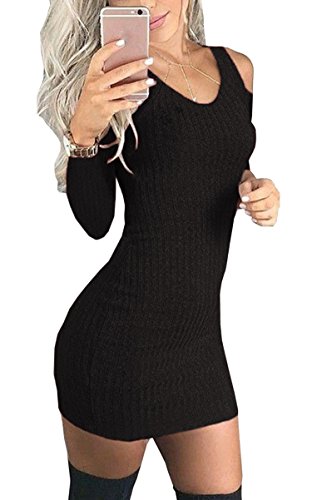 Hibluco Women s Long Sleeve Sexy V-neck Off Shoulder Bodycon Mini Sweater Dress (Medium, Black)