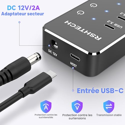 USB Powered Hub, RSHTECH USB 3.2/USB-C 10 Ports Hub with 3X 10Gbps Data Port (2C+1A), 7X 5Gbps 3.0 Ports (4C+3A), 12V/5A 60W Power Supply, Individual Touch Switches USB Hub, RSH-ST10C-6