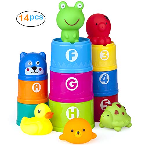 Vstarner Stacking Cups Baby Bath Toys Educational Toddler Toys Baby Toys Rubber Animals BPA Free Toys for 0 1 2 3 4-5 Year Old Girls Boys