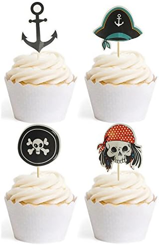 Pirate Flag Cupcake Toppers Pirate Themed Skull Party Cake Decorative 24pcs Black Anchor by GOCROWN