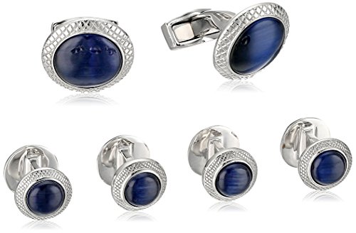 Tateossian Rhodium Plating Fiber Optic Glass Blue Cuff Link And Shirt Stud - 