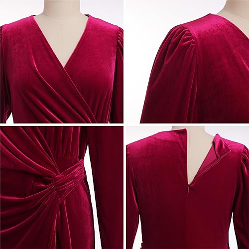 OBEEII RED VELVET DRESS FOR WOMEN FORMAL LONG DRESS ELEGANT V NECK WRAP BODYCON COCKTAIL PARTY MIDI DRESS HOMECOMING EVENING WEDDING GUEST LONG SLEEVE CHRISTMAS DRESS WINE RED S