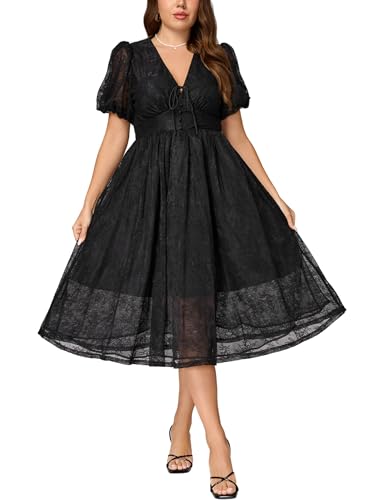Photo 1 of 3XL- EYWOL Plus Size Black Dresses for Curvy Women: Cocktail Dress Midi - Black Funeral Dresses for Women - A Line Elegant Dress
