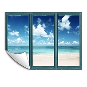 Wall Murals for Bedroom Fake Window Beach Blue Window Removable Wallpaper Peel and Stick Wall Stickers - 24x32 inches