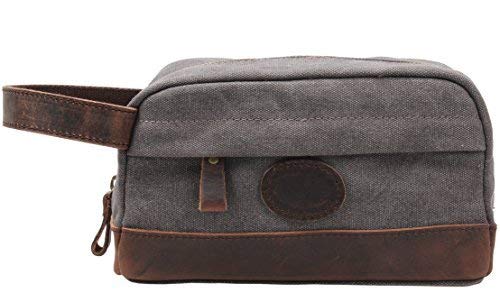 Vintage Leather Canvas Travel Toiletry Bag Shaving Dopp Kit #A001 (Grey)