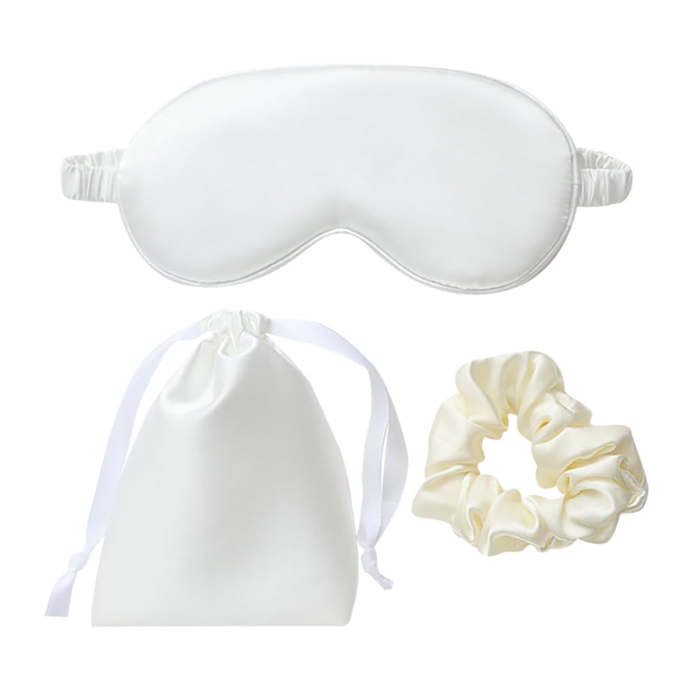 JIHUOO 3 Pcs Artificial Silk Sleep Masks Set Satin Sleeping Eye Mask Hair Scrunchies Night Blindfold Blackout Eyeshades Eye Cover Wedding Bridesmaid Gifts White