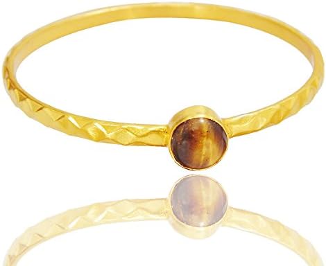 Modern 18k Gold Vermeil Round Shape Tiger Eye Gemstone Stackable Bangle For Womens