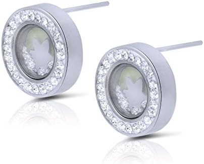 Stainless Steel Round Post Stud Earrings With White Pave Crystals Floating Style, mother of pearl 1/2"in