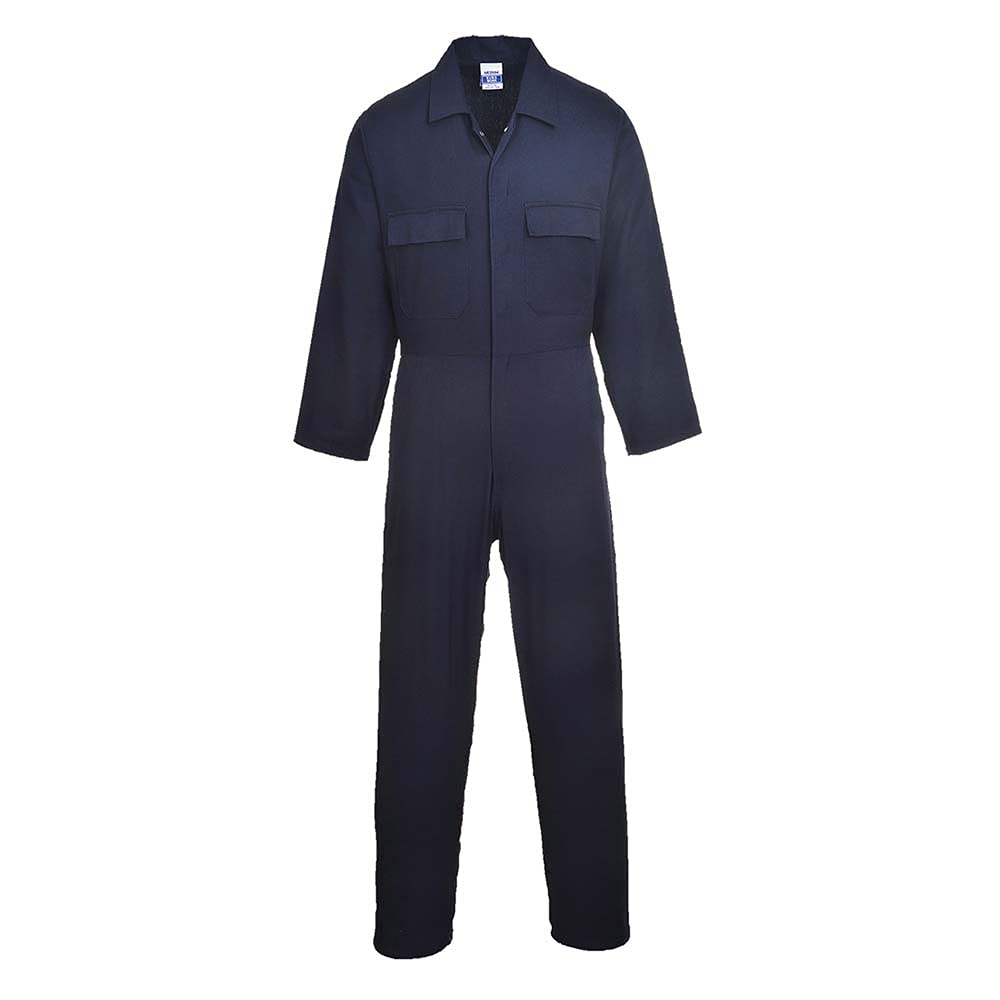 Portwest S998 Men's Euro Cotton Work Coveralls Protective Overalls Breathable Durable Workwear Concealed Stud Multiple Pockets Elastic Waist Boiler Suit for Mechanics Warehouse Garages DIY, Navy, XS