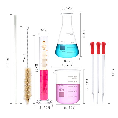 250ml Beaker 250ml Flask and 100ml Cylinder Glass Measuring Set with 3 X 20CM Dropper, 1 X 30CM Stir Bar and 1 X Cylinder Brush Pack of 8 with Gifts Avalible