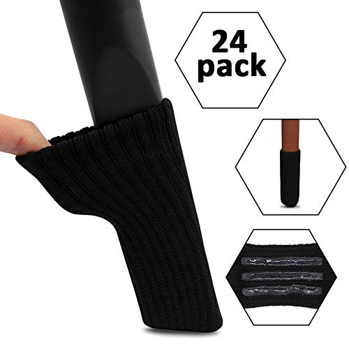 Furniture Socks, Ravmix 24PCS Knitted Elastic Non-Slip Strips Furniture Feet Covers Set Chair Leg Socks Floor Protectors, Fit Square & Round Feet Girth from 2.7'' to 7'', Black