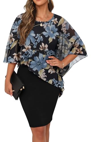 QIXING Damen Chiffon Cape Cocktialkleid Rundhals Ausschnitt Bleistiftkleid Sommerkleid Damen Knielang Elegant Abendkleid Mit Overlay Casual Bodycon Kleider (Blaue Blume-Schwarz, S)