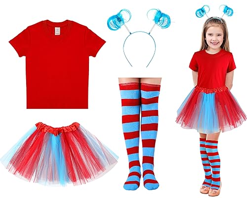 Photo 1 of Lenwen Halloween Tulle Tutu Costume Accessories Set, T Shirt Striped Thigh High Socks Tutu Skirt for Halloween Costume (Blue and Red Skirt,Aged 6-7)